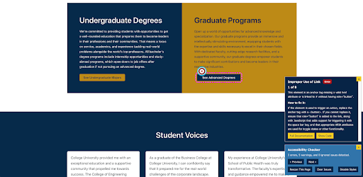 a screenshot of a section of a page with Accessibility Checker frontend activated, and highlighting an error "Improper Use of Link" with a short summary of the error, how to fix it, and buttons for "Full Documentation" and "Show Code"