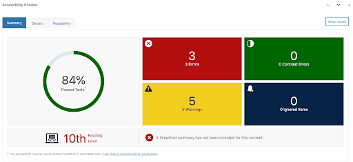 a screenshot of Accessibility Checker's individual page/post report, showing a percentage of passed tests, error, warning, contrast error, and ignore counts, a reading level, and tabs to access Details, Readability information, and a button to Clear Issues