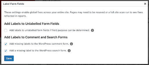 a screenshot of the "Label Form Fields" fix modal, which displays different options related to enabling and disabling automated attempts to add labels to form fields for regular forms, comment forms, and search forms