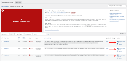 a screenshot of an individual check detail report inside the Accessibility Checker Open Issues report, displaying all issues related to Ambiguous Anchor text error, totaling 9 URLs with details about the check, severity, possible resolutions, and a list that includes post title, post type, post status, affected code, and landmark, image, and actions for available for each, with prominent red arrows pointing to the actions column of the report