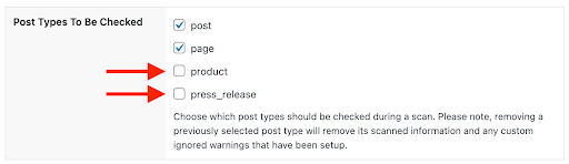 a screenshot of Accessibility Checker's Post Types to Be Checked settings area, with "post" and "page" checked off for scanning, followed by prominent red arrows pointing to empty checkboxes that read "product" and "press_release"