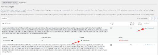 screenshot of Accessibility Checker's Fast Track report, showing a table of affected code with associated images, affected page count, and options to expand or hide issues for each snippet and view the list of impacted pages for each check, with prominent red arrows pointing to the "review/hide issues" and "view pages" buttons