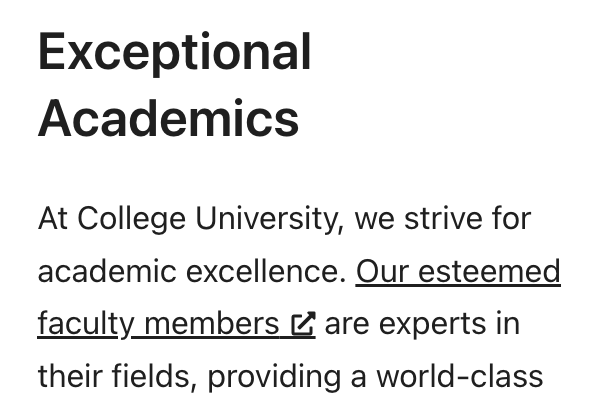 A small block of sample body text. Some of the body text is linked, and next to the link text is a small arrow icon inside of a box.