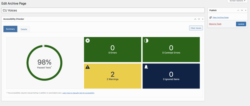 This is a screenshot of an individual Archive Page in Accessibility Checker's archive page reporting view. It contains the page title and individual page accessibility report including percentage score, error, contrast error, warning, and ignore counts, and details tab for reviewing specific issues in greater detail.