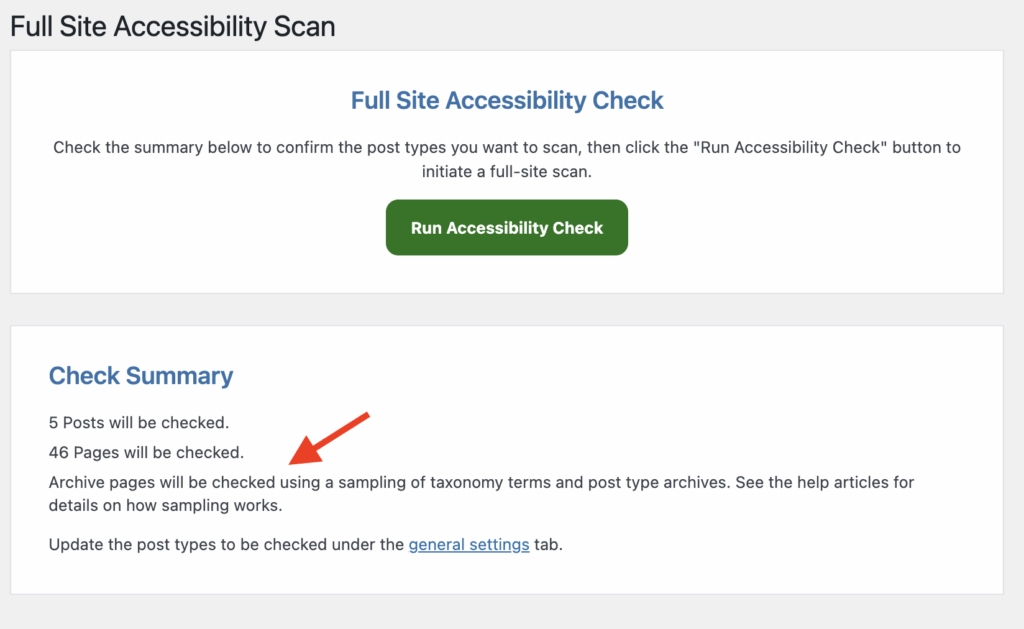 This is a screenshot of Accessibility Checker's full site scan preview, with a prominent red arrow pointing to a message that reads "Archive pages will be checked using a sampling of taxonomy terms and post type archives."