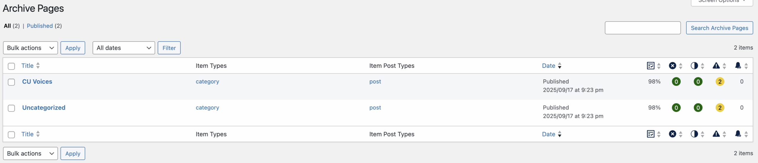 Archive page summary view, which shows a list of archive pages that were scanned in columns for title, item type, item post type, date, and summary data from Accessibility Checker's scan.