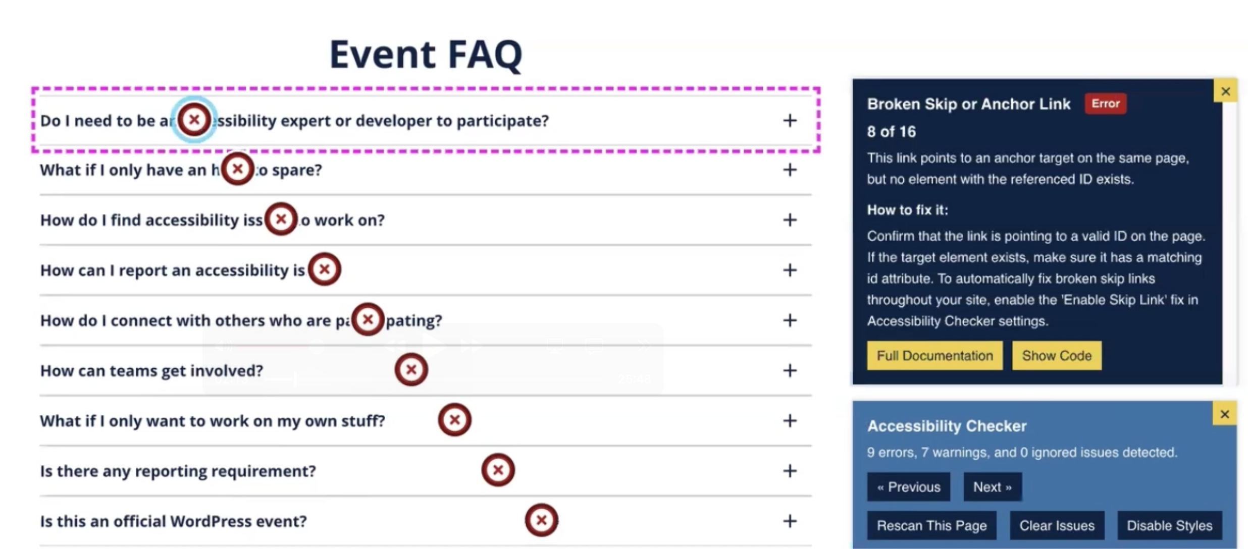 Screenshot showing every accordion in a group of accordions with an error icon and "Broken Skip or Anchor Link" flagging in Accessibility Checker.