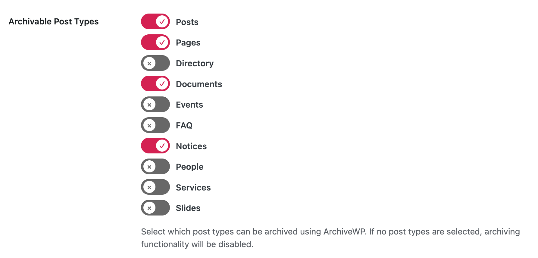 A list of post types on the website including Posts, Pages, Directory, Documents, Events, FAQ, Notices, People, Services, and Slides with some post types enabled and others not.