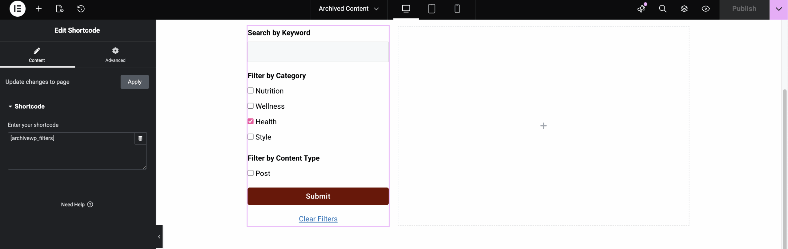 archivewp_filters shortcode shown in the Elementor editor.