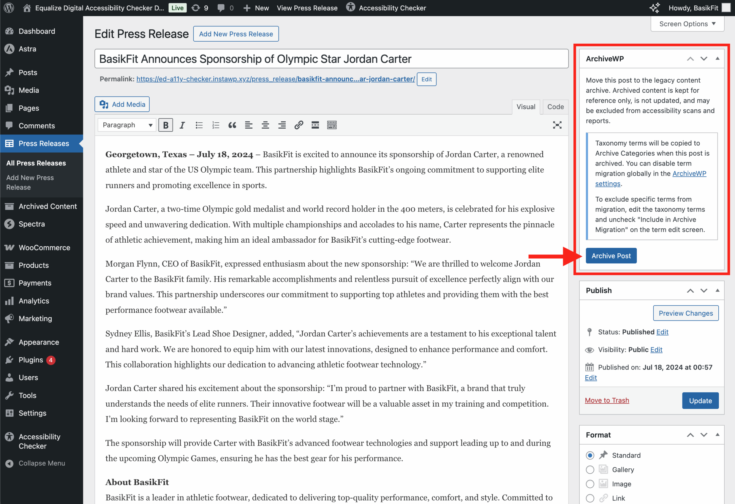Example of a Press Release post in the WordPress classic editor, with a border and arrow highlighting the ArchiveWP metabox.