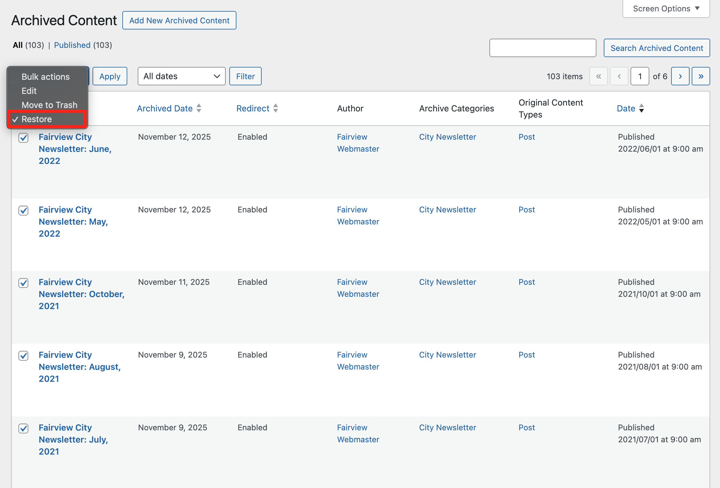 Screenshot showing an expanded bulk actions dropdown with a red box highlighting the Restore Option.