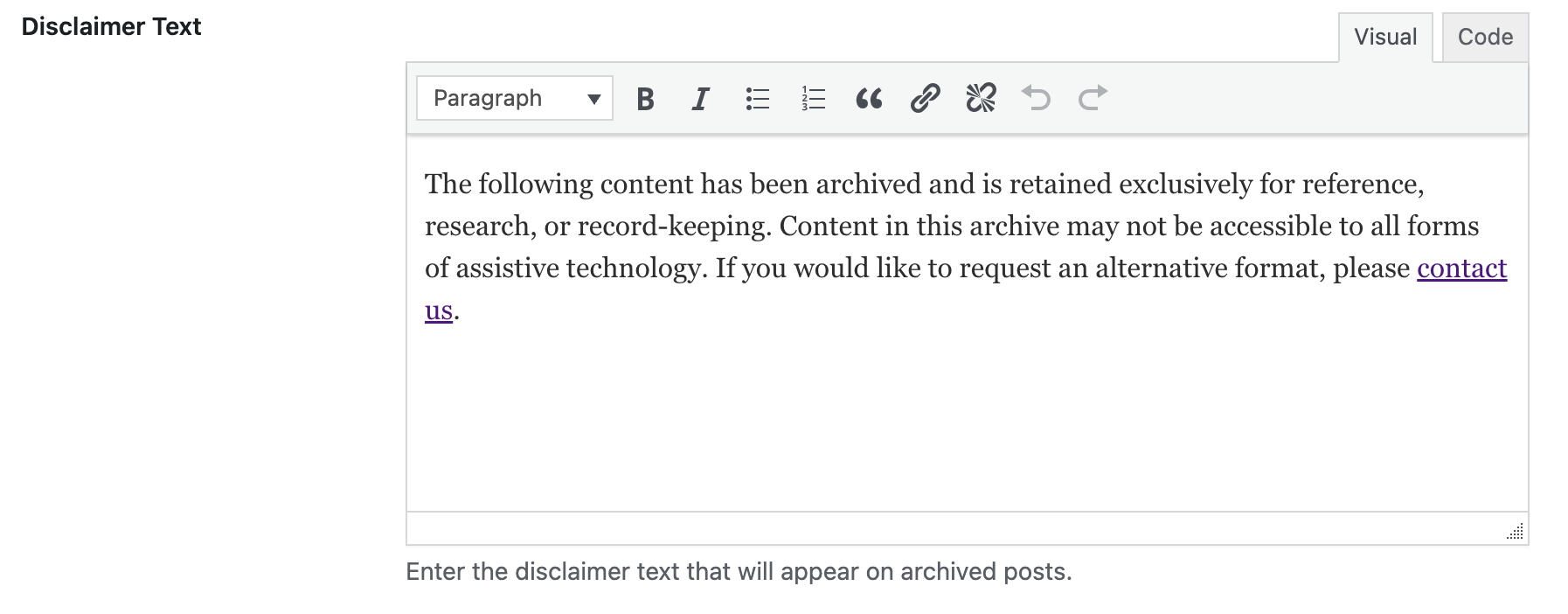 WYSIWYG text editor with a paragraph explaining the archive and how to request help.