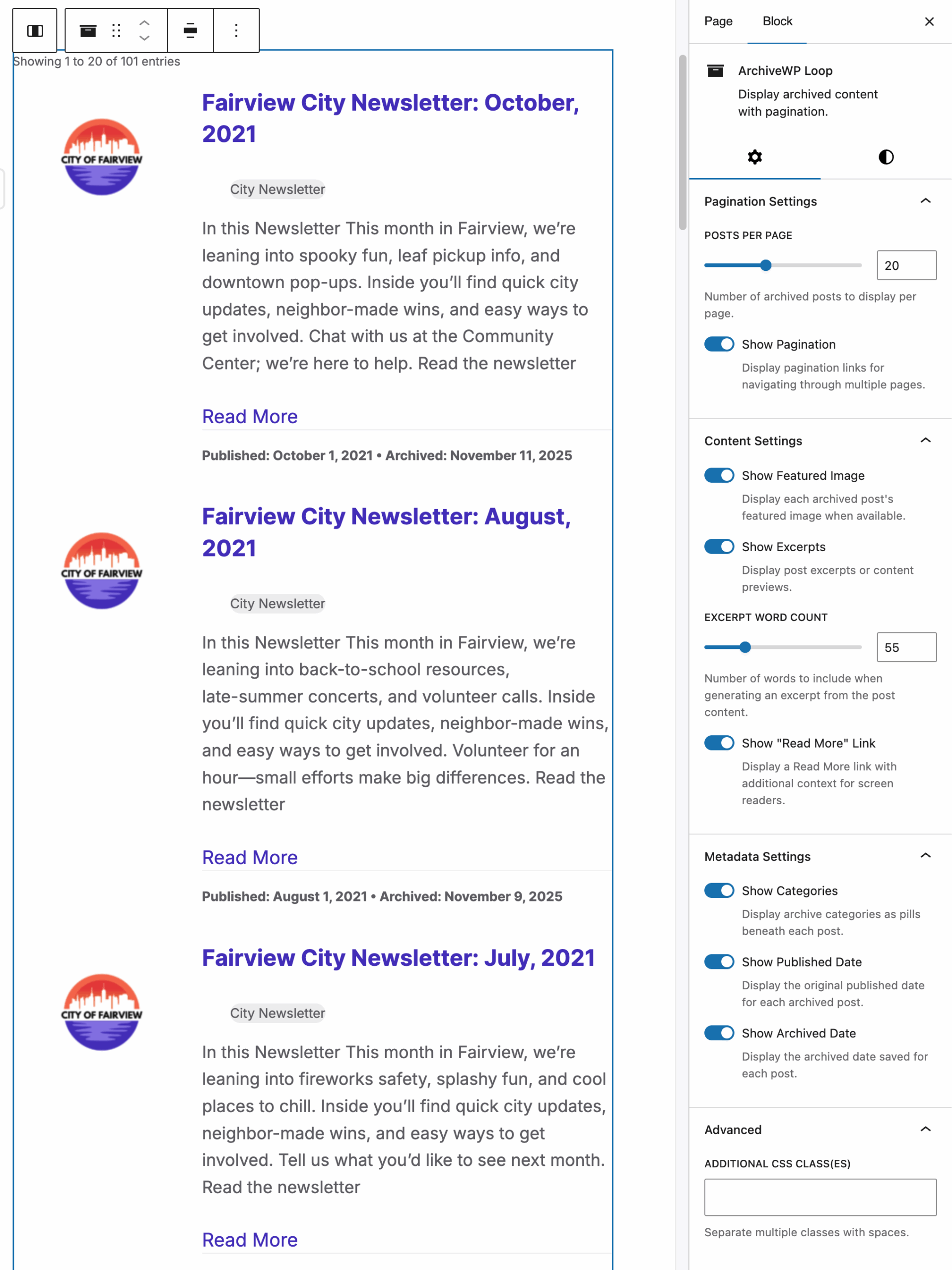 ArchiveWP Loop block shown in the WordPress editor with settings (described after image).