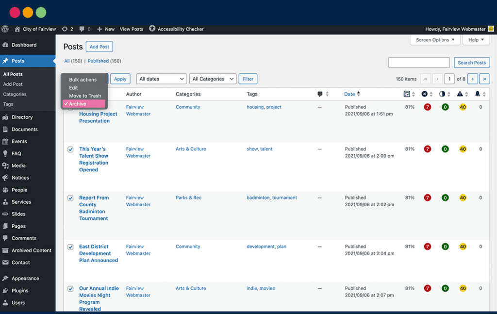 Posts page in the WordPress admin showing posts from 2021 being selected and an Archive option in the Bulk Actions dropdown.