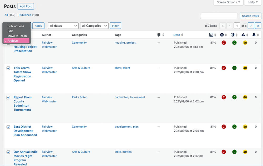 Posts page in the WordPress admin showing posts from 2021 being selected and an Archive option in the Bulk Actions dropdown.