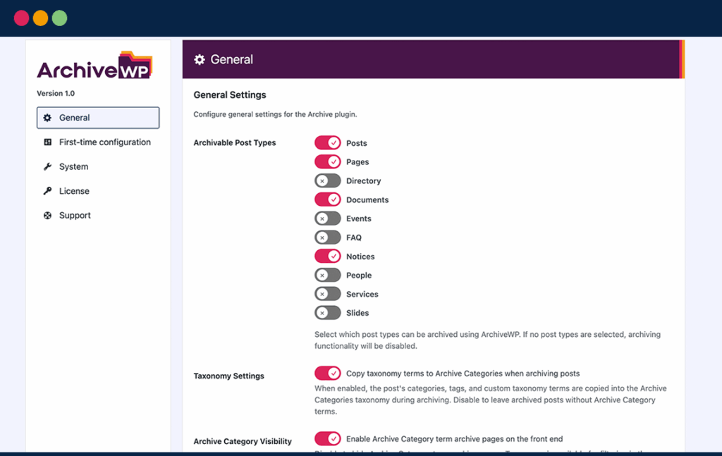 ArchiveWP settings showing toggles on and off for different custom post types denoting which ones are archivable. There is also a setting for copying taxonomy terms to Archive Categories when archiving posts and enabling front-end category term pages.