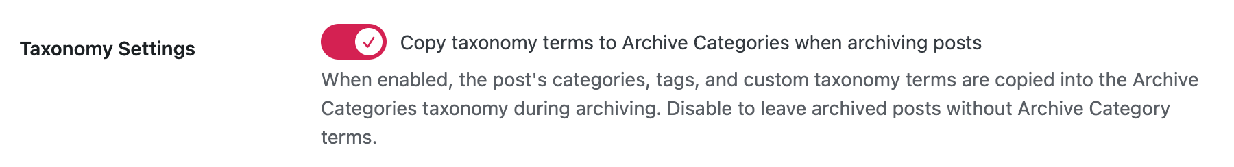 Screenshot of ArchiveWP taxonomy settings, description follows image.