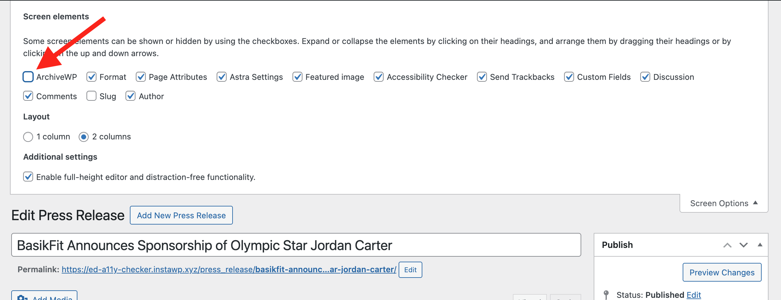 ArchiveWP unchecked in screen options for WordPress classic editor.