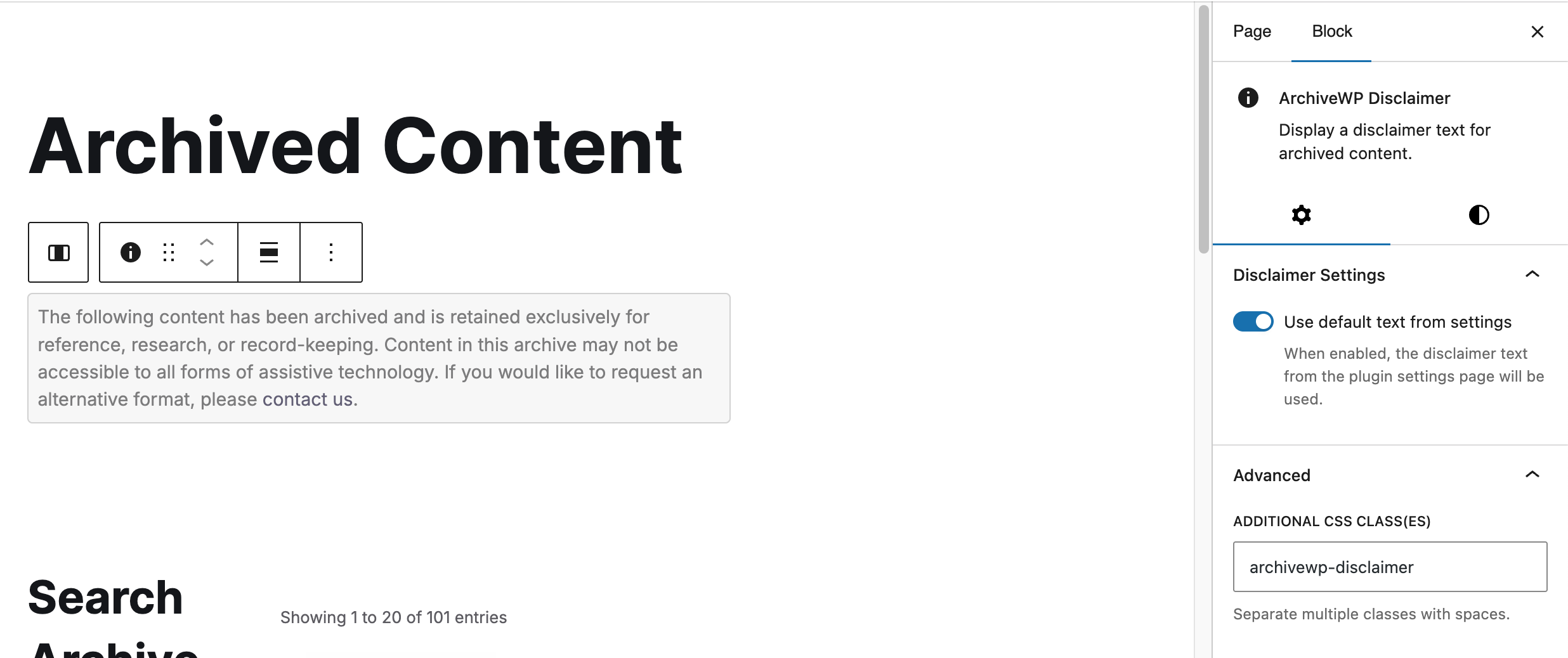 ArchiveWP Disclaimer Block in the block editor, showing a setting to use default text from settings and an archivewp-disclaimer CSS class.