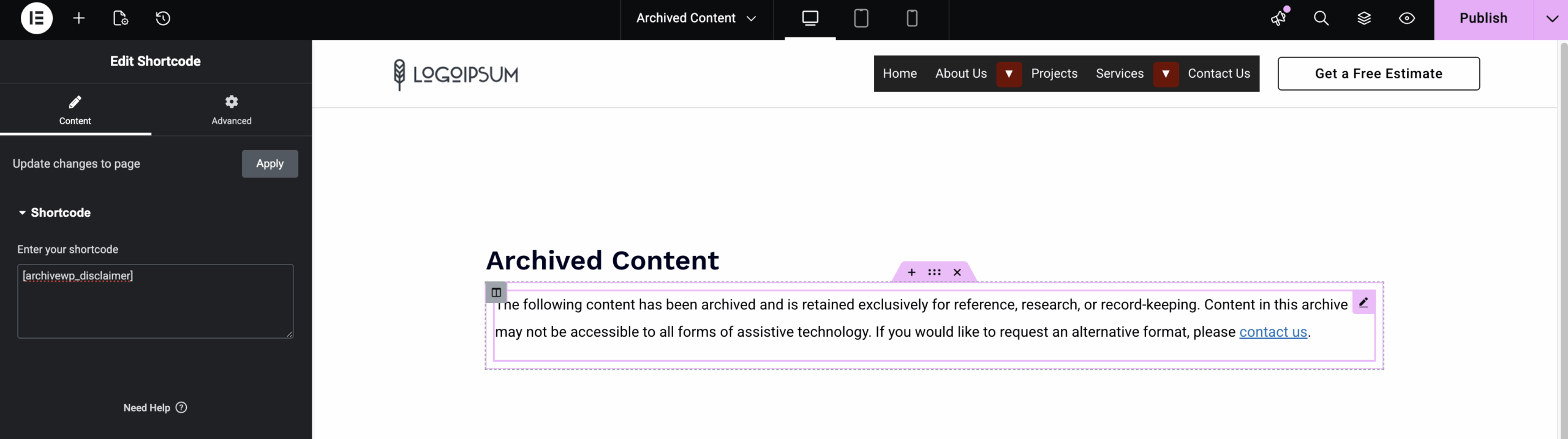 archive_disclaimer shortcode shown in the Elementor editor.