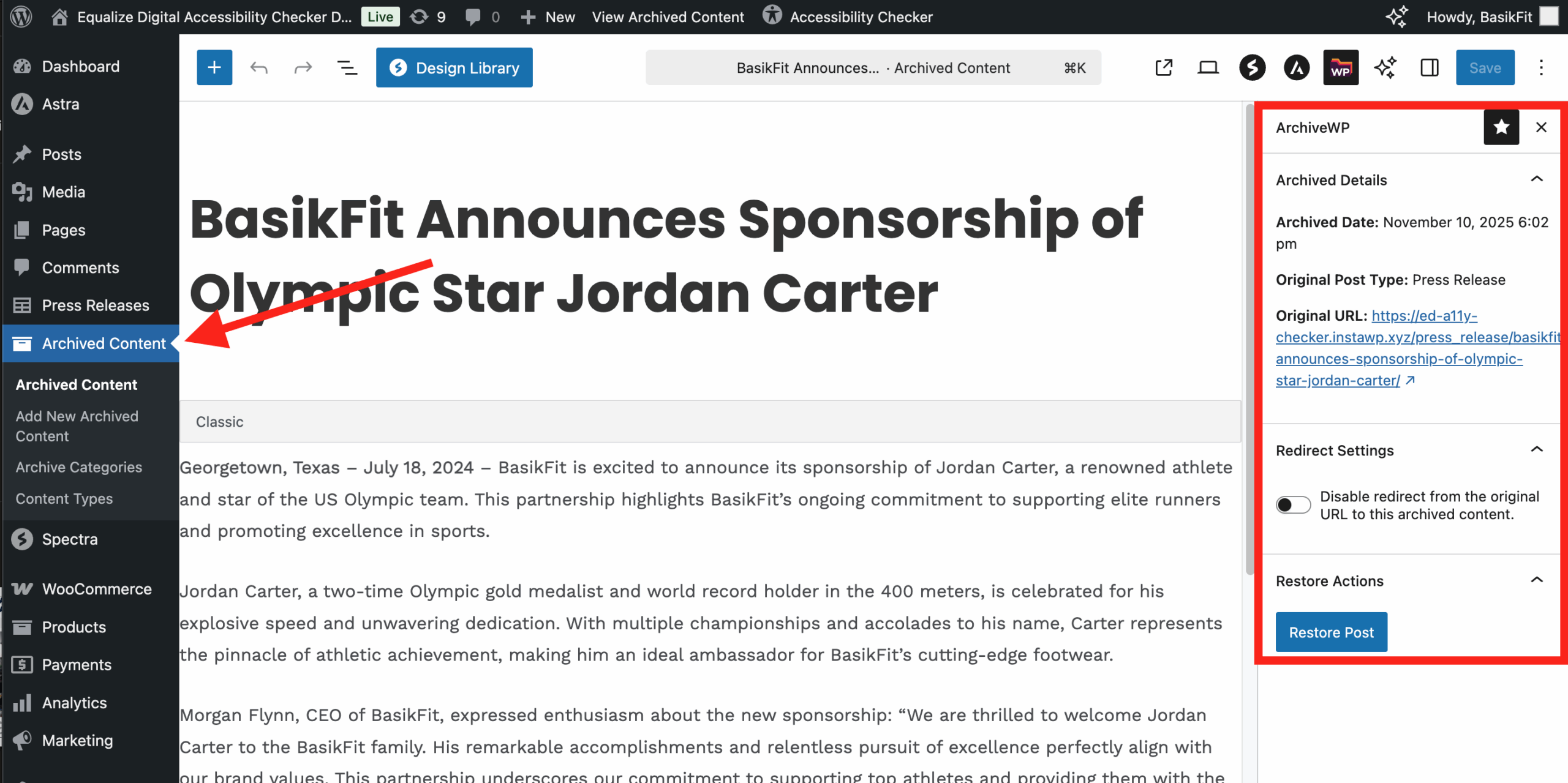 Same press release as previously shown with an arrow showing it is now in the Archived Content post type and a border highlighting the ArchiveWP metabox showing it was archived. The post is now in the block editor.