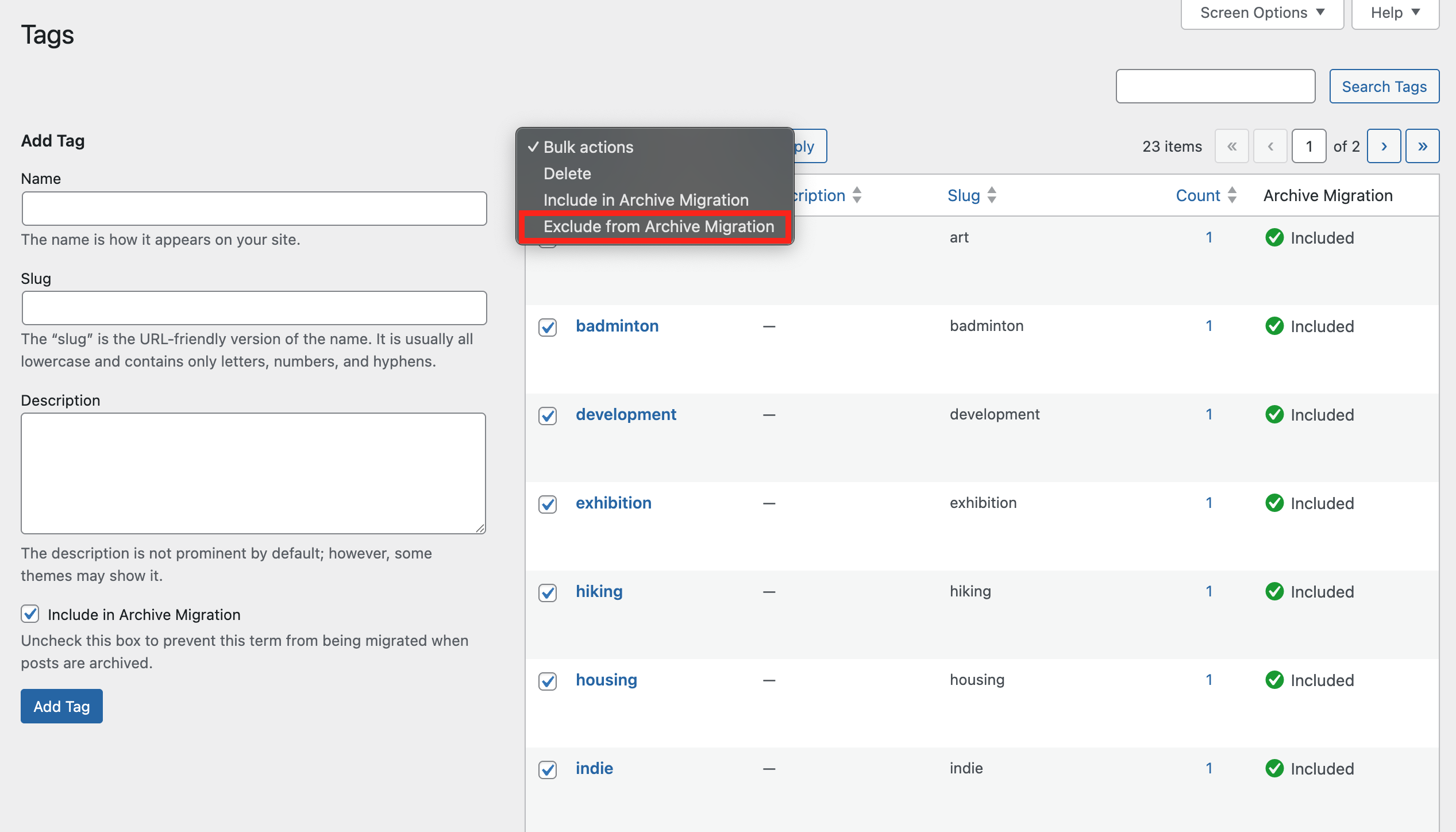 A box highlighting the "Exclude from Archive Migration" bulk action on the Tags screen in the WordPress admin. 