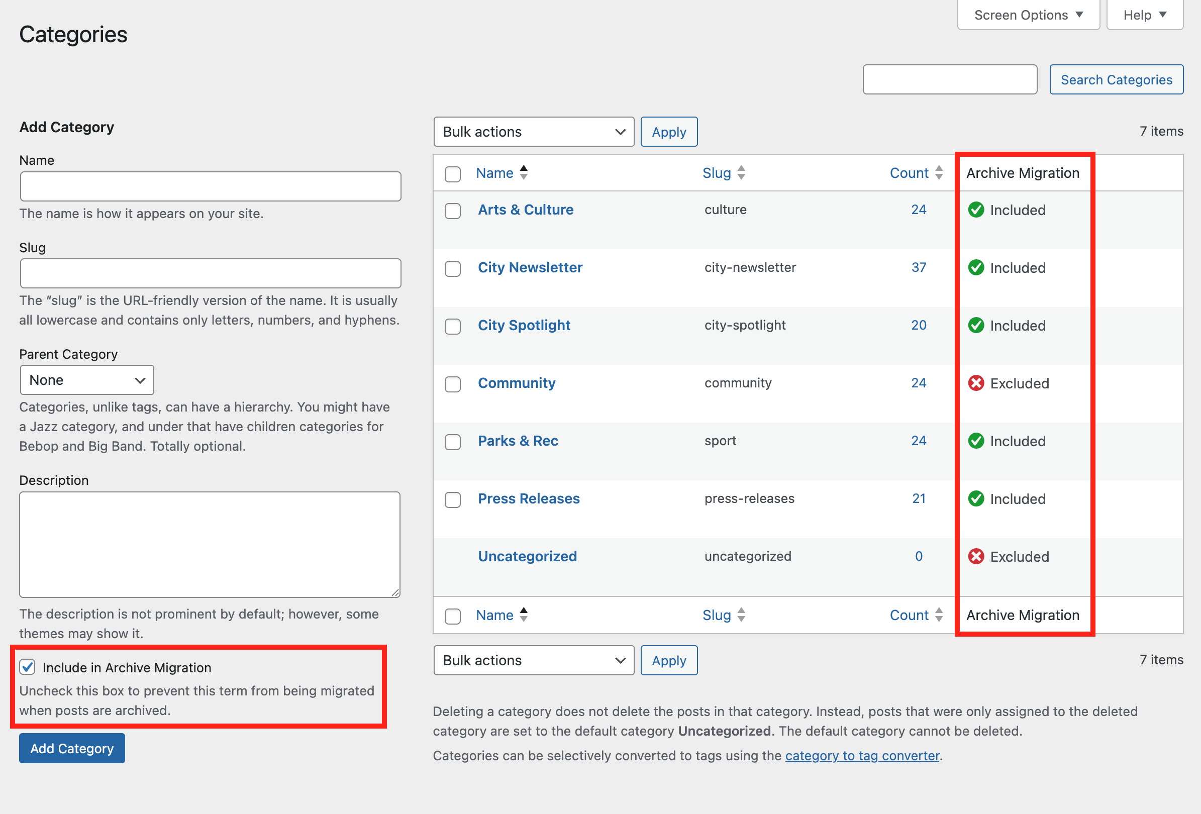 Post Categories edit screen highlighting that there is an Include in Archive Migration setting saved on every taxonomy term. 