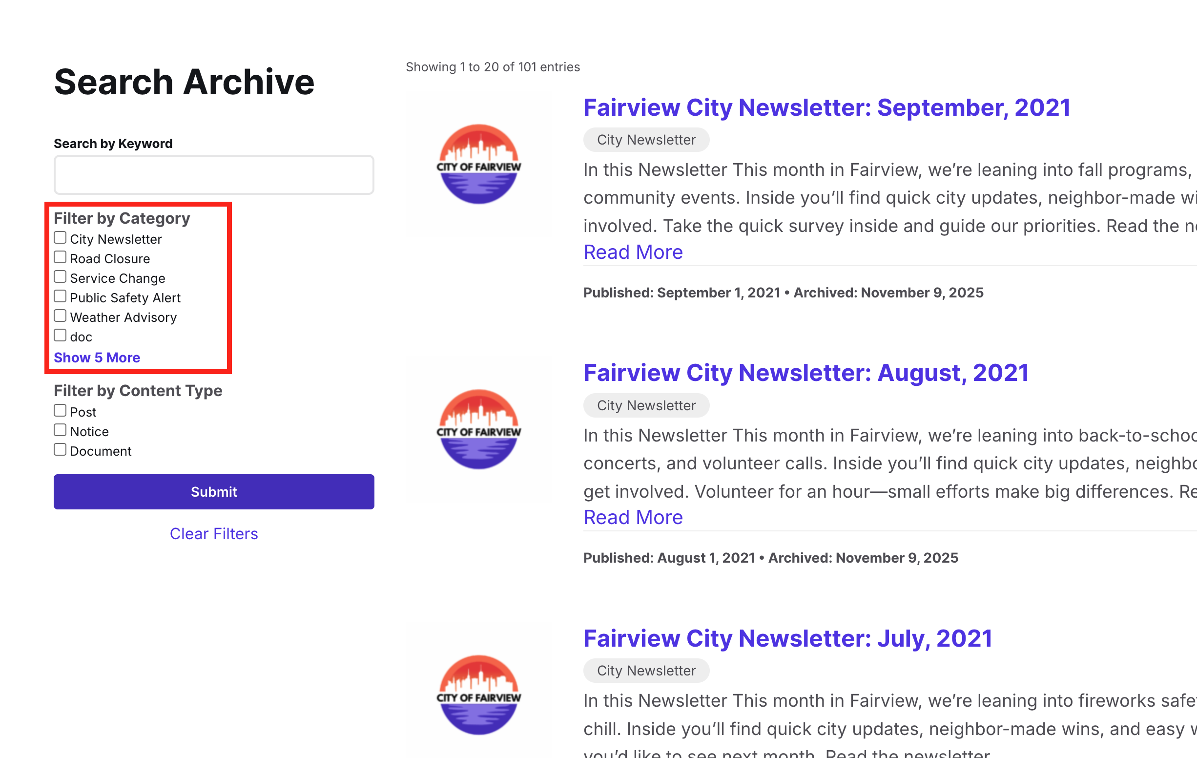 Box drawing attention to the "Filter by Category" checkbox set in the Archive Search. Terms available include City Newsletter, Road Closure, Service Change, Public Safety Alert, Weather Advisory, and Doc.