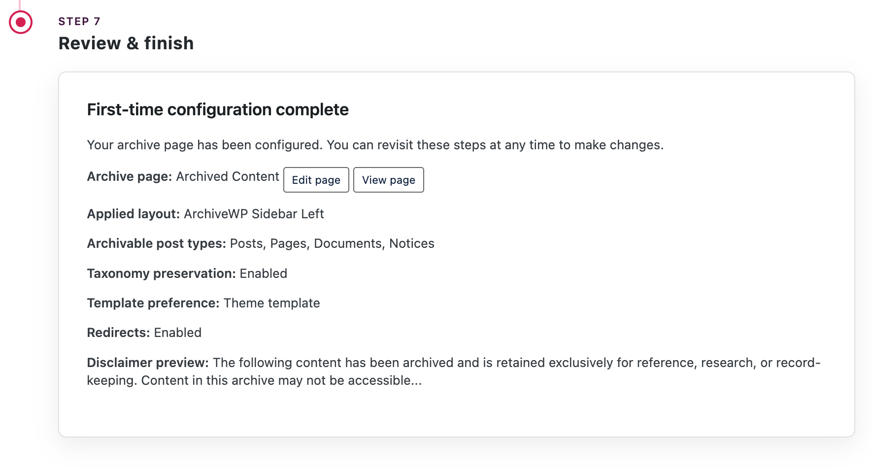 Step 7 shows a summary of all the setting selected in the previous steps.