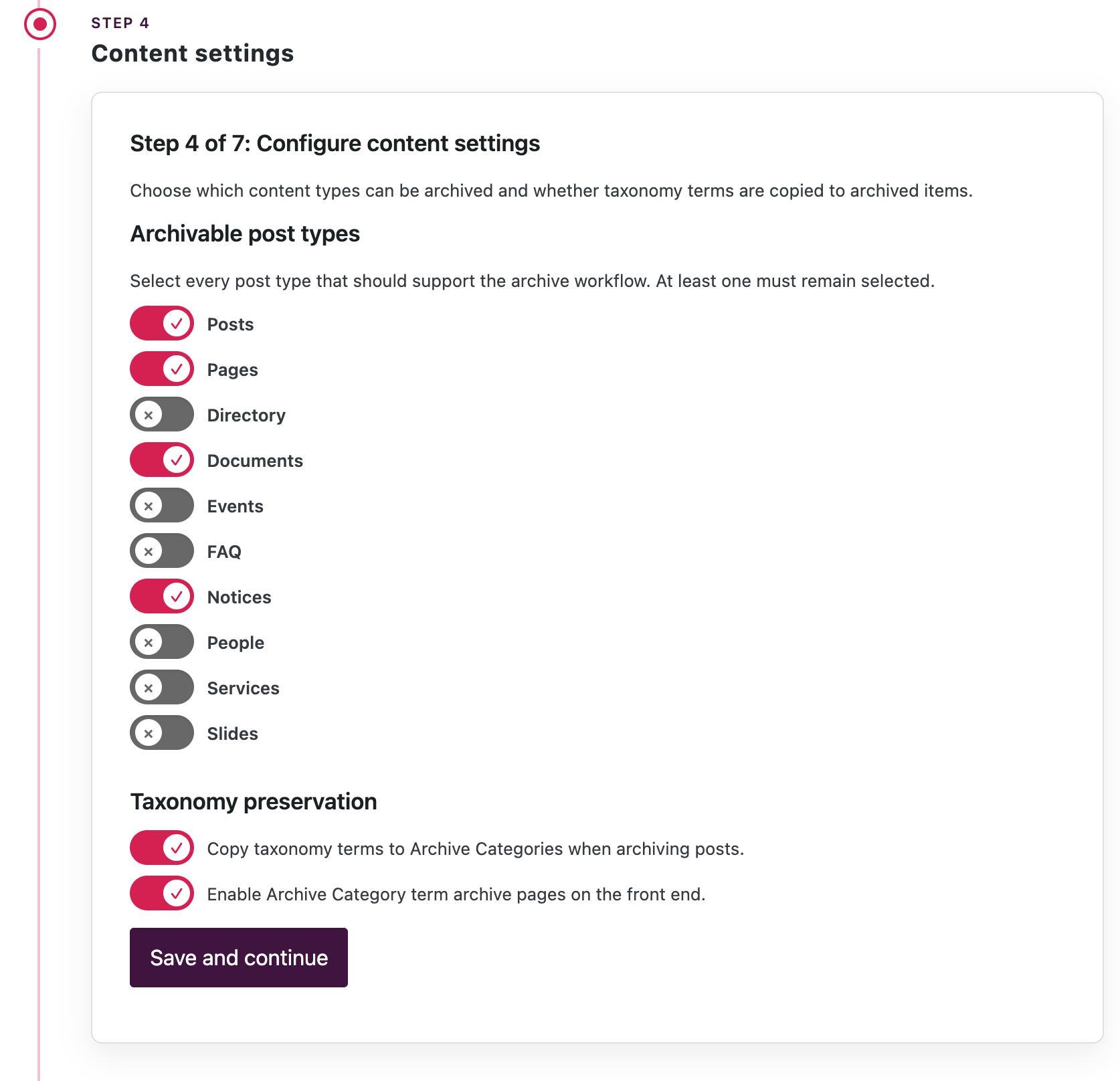 Step 4 showing checkboxes styled as toggles for multiple different post types such as posts, pages, directory, documents, events, and more, followed by taxonomy settings as described below.