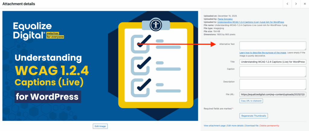 Arrow pointing from an image in the WordPress Media Library to the Alternative Text field.