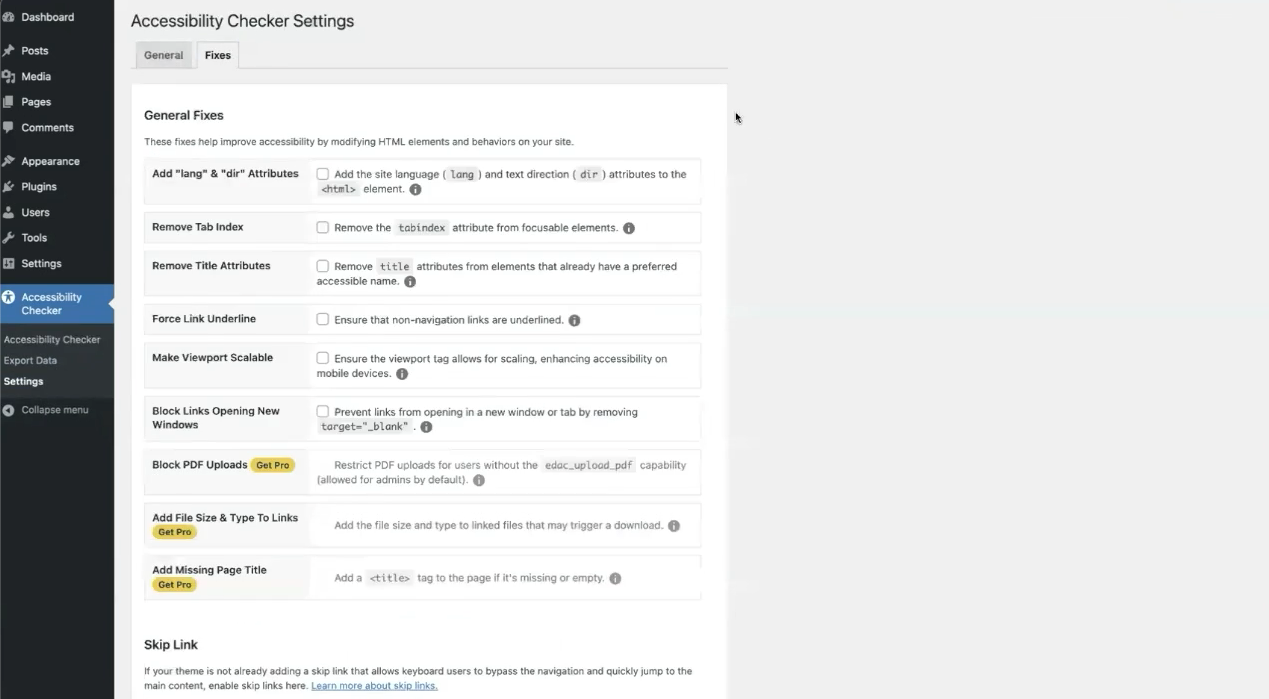 WordPress admin screen showing Accessibility Checker Settings on the Fixes tab, listing general accessibility fixes such as adding lang attributes, removing tabindex and title attributes, forcing link underlines, and other toggleable options.