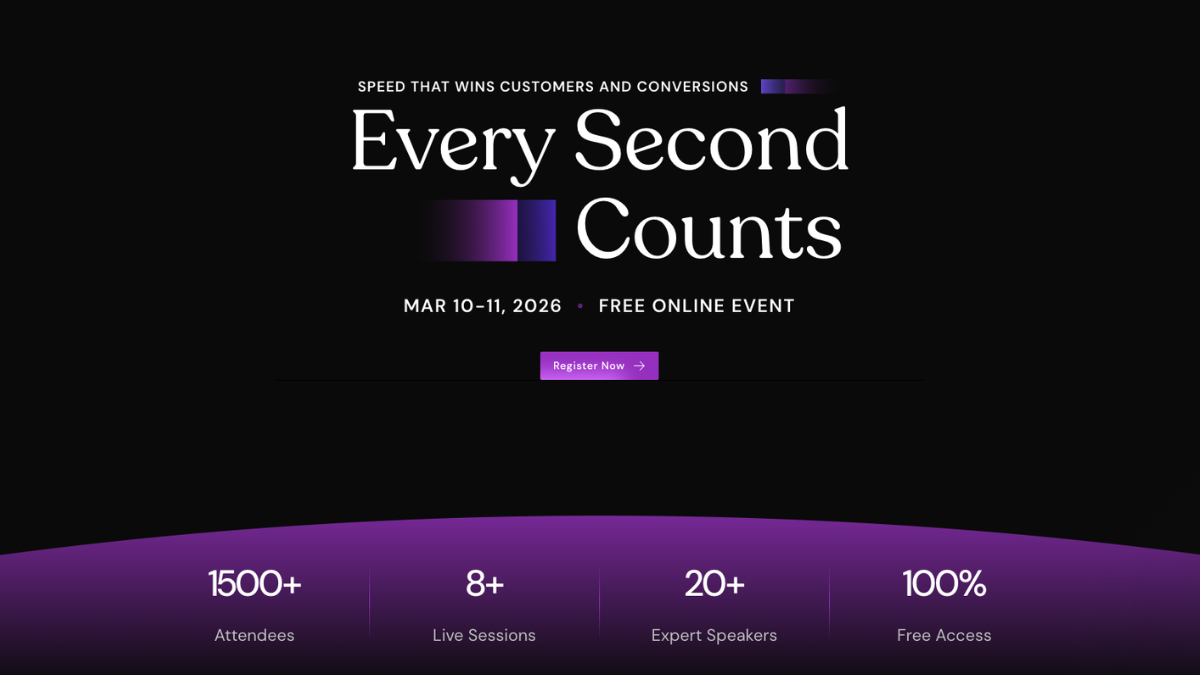 Promo banner for Cloudways Cloud Bootcamp featuring the headline “Every Second Counts,” dates March 10–11, 2026, free online event, with stats showing 1500+ attendees, 8+ live sessions, and 20+ expert speakers.