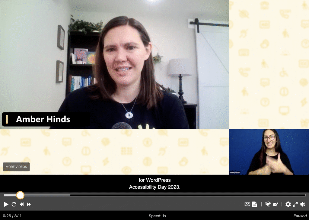 Video player screenshot showing WordPress Accessibility Day 2023 opening remarks with embedded ASL, as described in the text.
