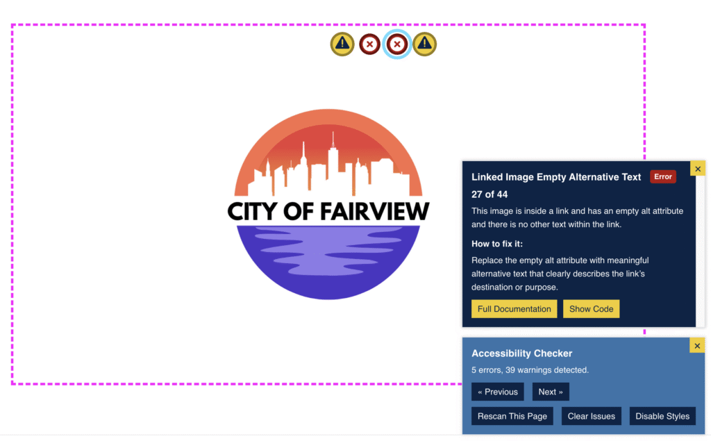 Pink dashed highlight around a "City of Fairview" logo with two warning and two error icons. The Accessibility Checker front end highlight is open to a "Linked Image Empty Alternative Text" error.