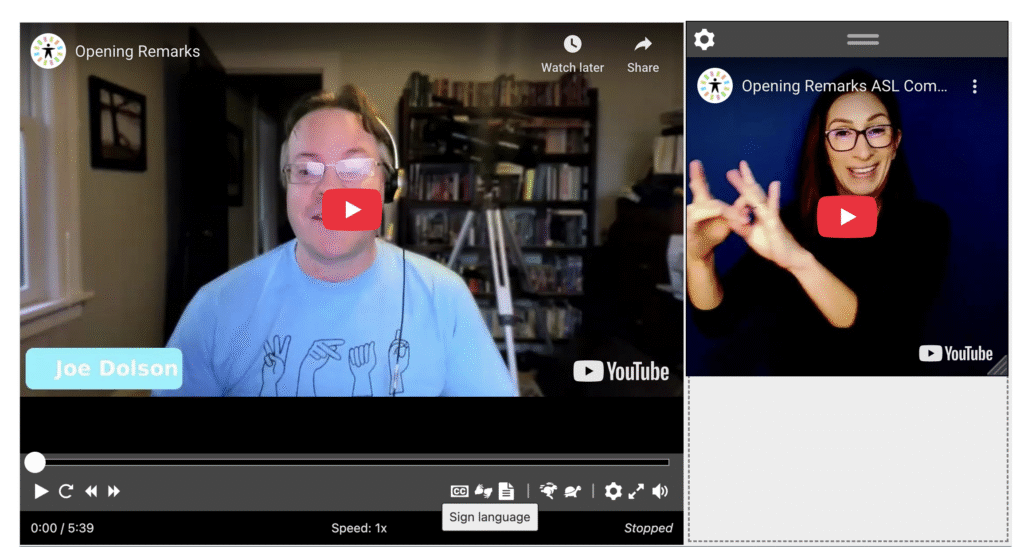 Video player screenshot showing WordPress Accessibility Day 2025 opening remarks with an ASL video in a separate video to the right of the main player.