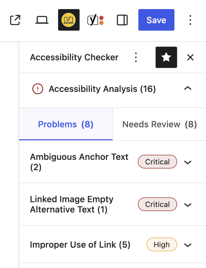 Accessibility Analysis panel listing detected issues including Ambiguous Anchor Text, Linked Image Empty Alternative Text, and Improper Use of Link with severity levels.