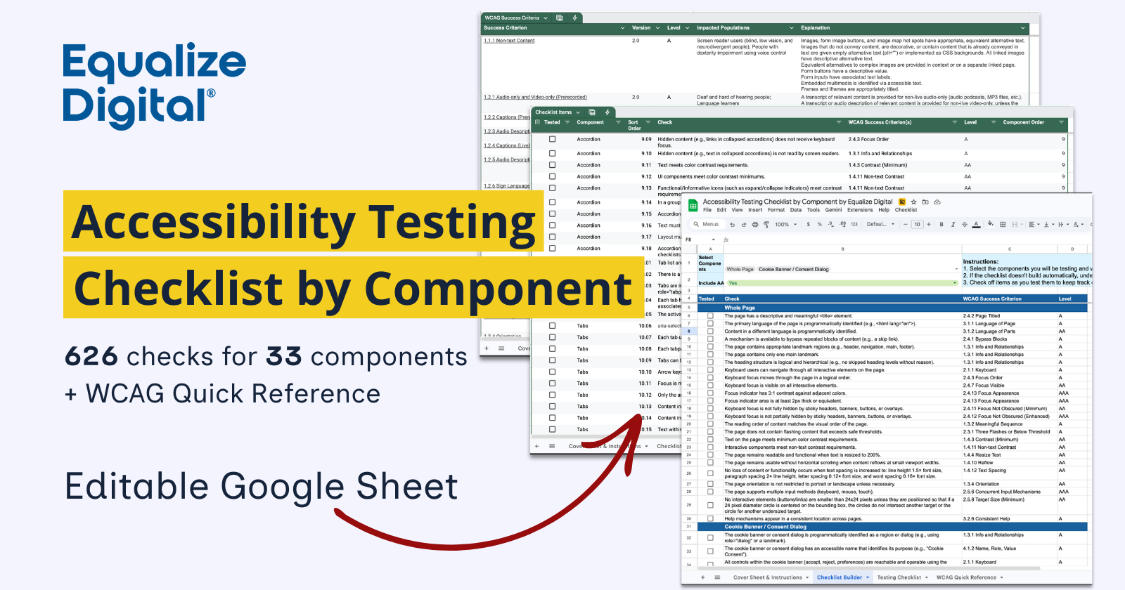 Accessibility Testing Checklist by Component. 626 checks for 33 components, plus WCAG Quick Reference. Editable Google Sheet.
