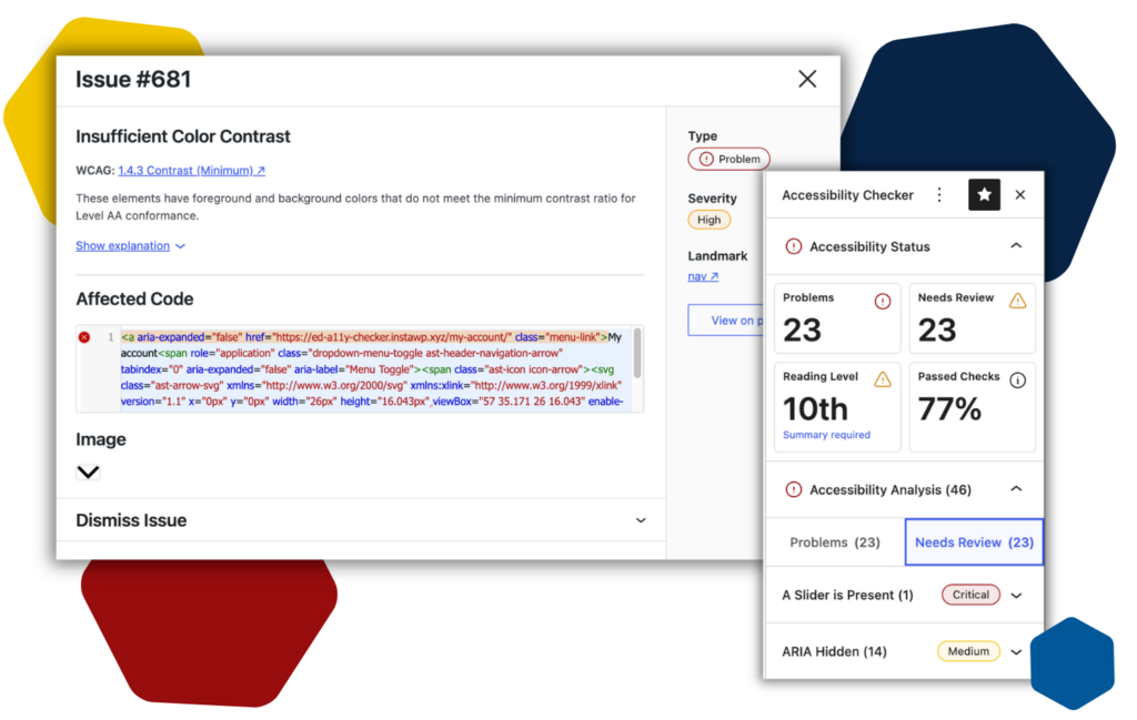 Screenshot of Accessibility Checker's individual issue details screen, showing a brief description of the issue, severity, type, link to documentation, affected code, related image, and options or actions for handling the issue. And a screenshot of Accessibility Checker sidebar summary report showing a variety of accessibility statistics for an individual page.