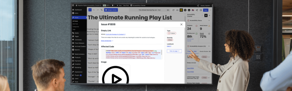A meeting space with two men and two women. A women is pointing at a wall mounted TV with Accessibility Checker individual page reports and an individual open issue modal related to empty links displayed prominently.