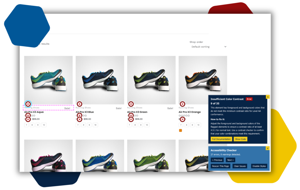 Screenshot of Accessibility Checker's frontend highlighter utility on an e-commerce website. The Utility is actively highlighting a contrast issue on some text.