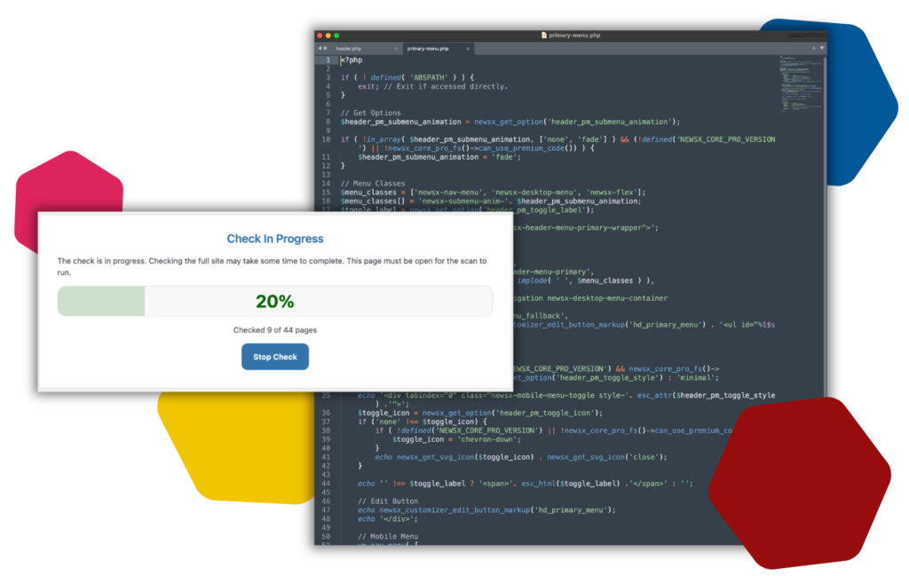 Screenshot of PHP navigation code and Accessibility Checker's full site scanner progress bar.