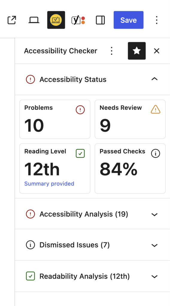 Expanded Accessibility Status panel in Accessibility Checker showing 10 Problems, 9 Needs Review items, a 12th-grade reading level, and 84% Passed Checks.