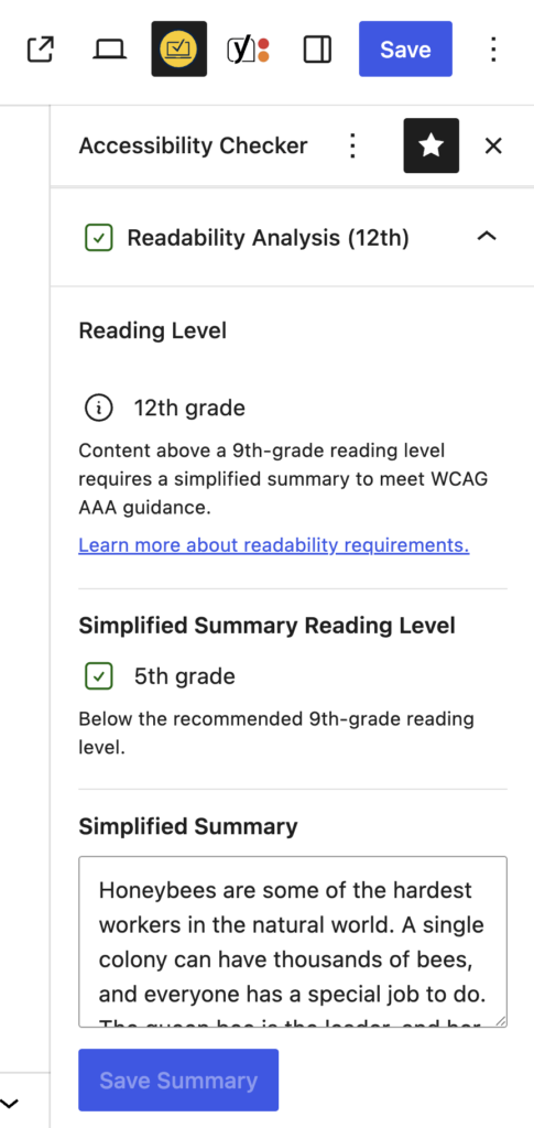 Readability Analysis panel in Accessibility Checker showing a 12th-grade reading level, WCAG guidance about simplified summaries, and a simplified summary editor with a 5th-grade reading level.
