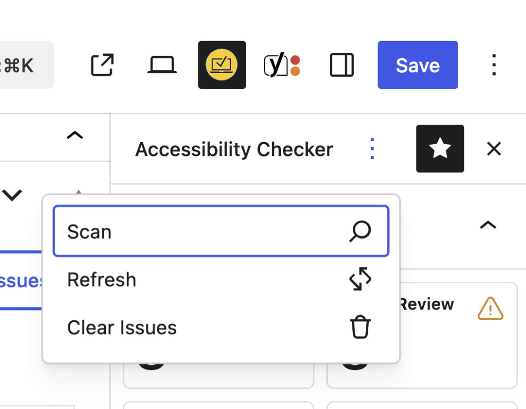 Accessibility Checker options menu displaying Scan, Refresh, and Clear Issues actions for running and managing accessibility scans.