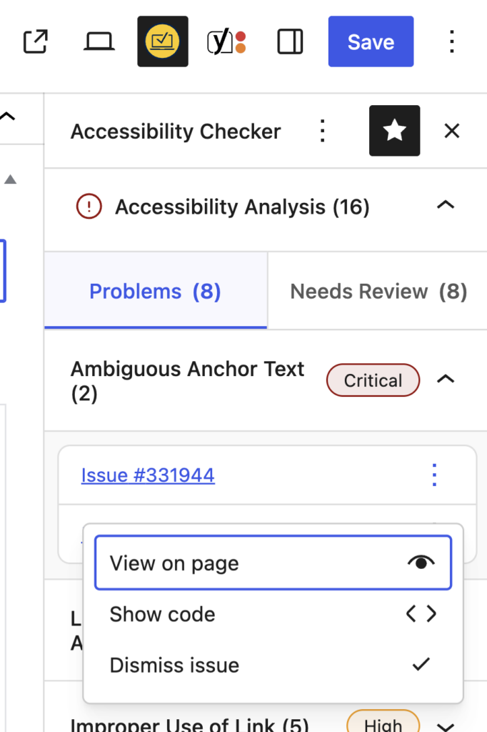 Accessibility Checker issue details showing the Problems tab with an Ambiguous Anchor Text issue marked Critical and a menu with options to view on page, show code, or dismiss the issue.