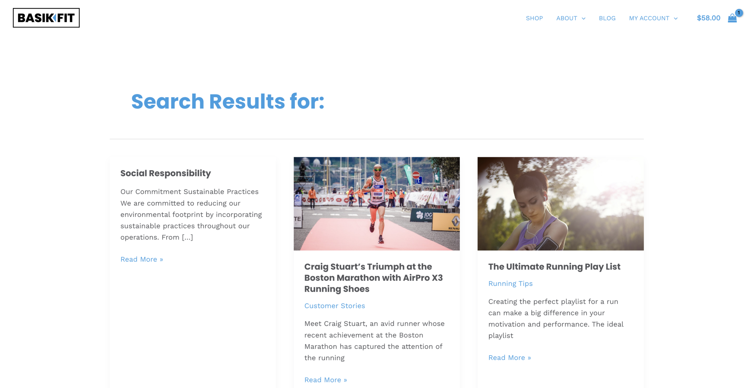 Search results on the BasikFit website with a heading "Search results for: (nothing)" and three random pages and posts from the website. There is no visible search form.