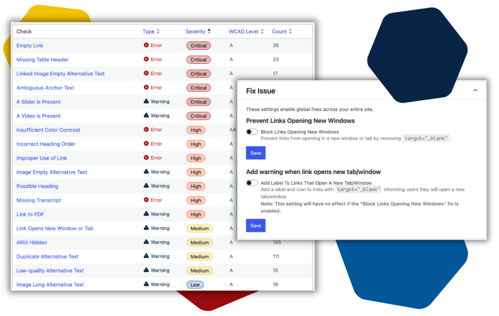 Screenshot of Accessibility Checker's open issues report showing check name, type, severity, WCAG level, and count. And a screenshot of an automatic fix dialog for addressing links opening in a new tab or window.