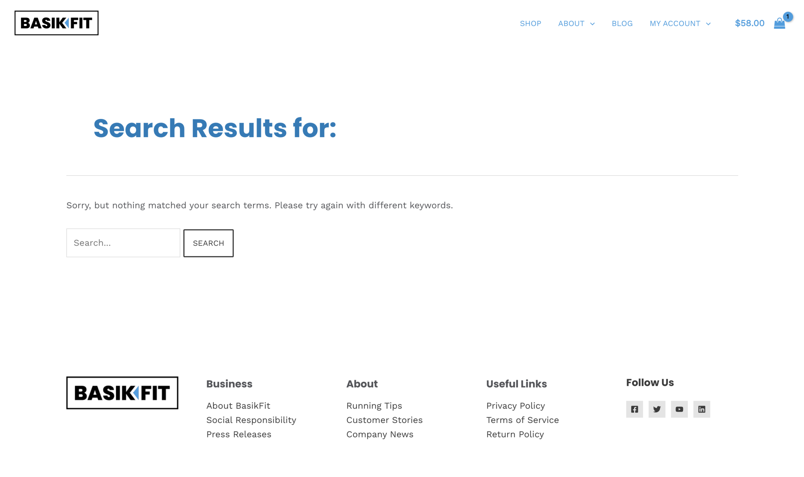 Blank search on the BasikFit website now showing and error message and search form.