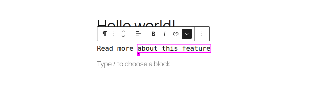Screen reader only text has focus in the block editor showing a magenta outline and an asterisk